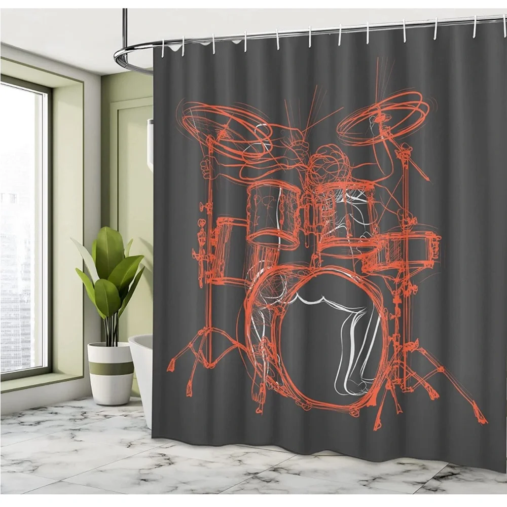 Rock Music Shower Curtain, Drummer Musical Cloth  Set with Hooks, 69